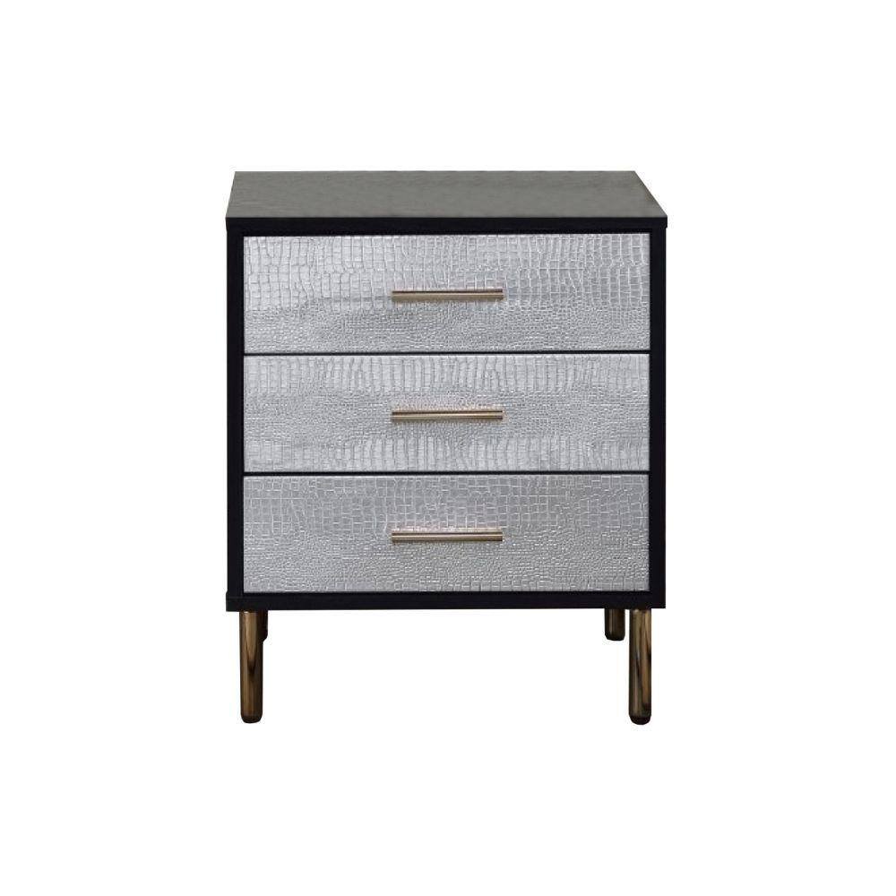 Benjara 16 in. Black, Gold and Silver 3-Drawer Wooden Nightstand, Black/ Gold...