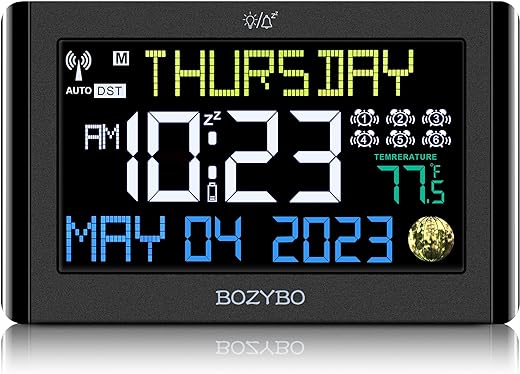 Digital Clock with 6 Alarm Clocks: Atomic Clock with Indoor Temperature Self Time Correction Clock with Day and Date for Elderly Adjustable Brightness Wall Clock