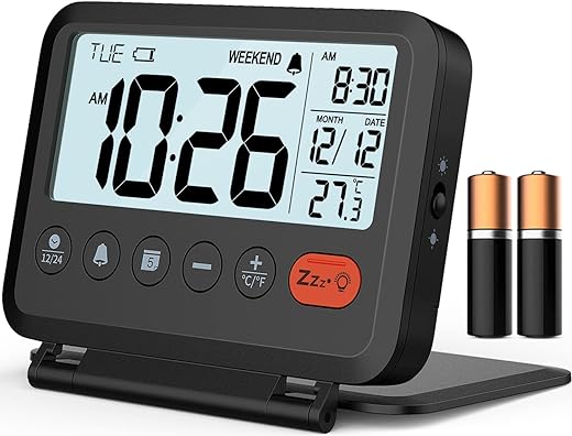 Digital Travel Alarm Clock, Black, 3.54 inch LCD Display, 9-Minute Snooze, 2 Volume Levels, Backlight, Battery Included