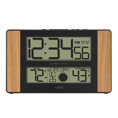 La Crosse Technology 513-1417 Atomic Digital Clock with Temperature and Moon Phase, Oak finish