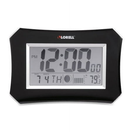 Lorell LCD Wall/Alarm Clock Digital - Quartz - LCD - Black Main Dial - Silver/Plastic Case