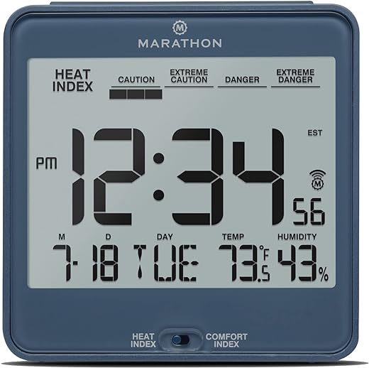 Marathon Atomic Desk Clock, Blue - Easy-to-Read 5.2” Display with Calendar + Heat & Comfort Index - Includes Alarm with Snooze & Backlight