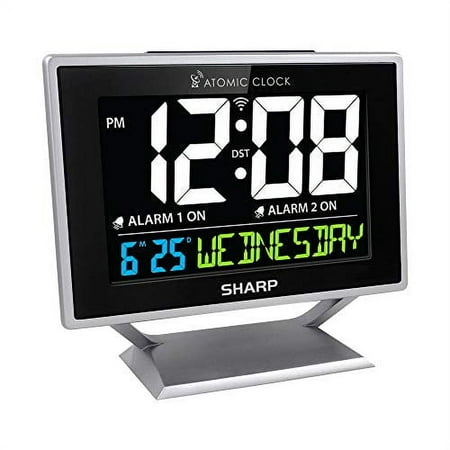 Sharp Digital Atomic Alarm Clock Color Display Atomic Accuracy Day of Week Time/Date Silver