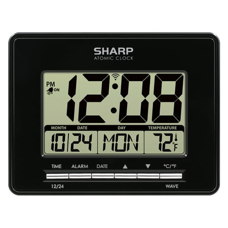SHARP Digital Atomic Clock, Atomic Accuracy, Date, Temperature, Black Case, LCD Display