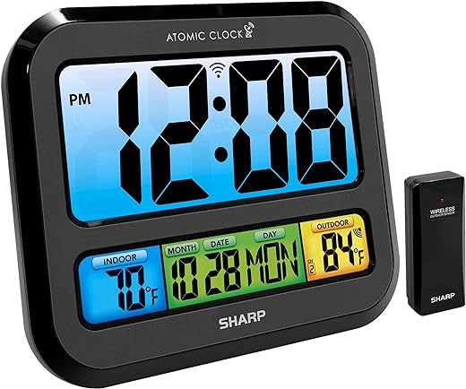 SHARP Atomic Clock with Bright Color Display, Atomic Accuracy, Jumbo 3 Easy to Read Numbers - Indoor/Outdoor Temperature Display with Wireless Outdoor Sensor