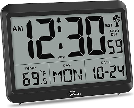 WallarGe Atomic Clock Battery Operated - Large Display Digital Alarm Clock with Seconds and Indoor Temeperature, 4 Time Zones, DST
