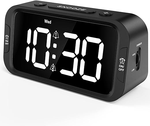 Digital Dual Alarm Clock for Bedroom, Easy to Set, 0-100% Dimmer, USB Charger, 5 Sounds Adjustable Volume, Weekday/Weekend Mode, Snooze, 12/24Hr, Battery Backup, Compact Clock for Bedside