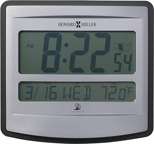 Howard Miller Horseshoe Bend Digital Wall Clock II 549-706 – Charcoal Gray & Metallic Silver Finish, Large Display, Radio-Controlled, Daylight-Saving Time, Battery-Operated Alarm Clock