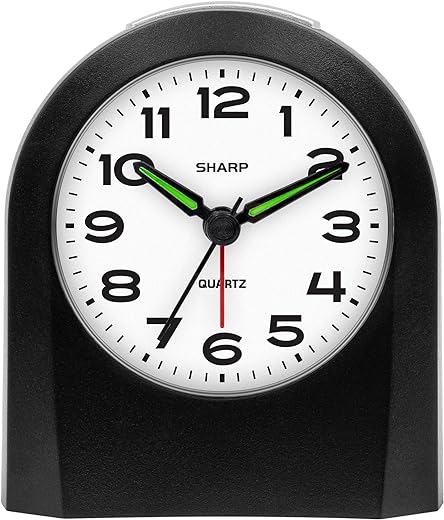 Sharp Small Battery Operated Analog Alarm Clock Silent No Ticking, Lighted on Demand and Snooze, Beep Sounds, Gentle Wake, Ascending Alarm