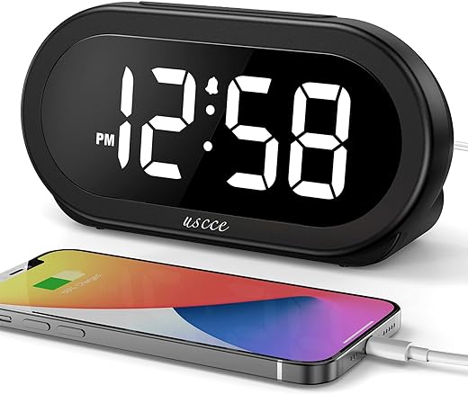 USCCE Small LED Digital Alarm Clock with Snooze, Easy to Set, Full Range Brightness Dimmer, Adjustable Volume with 5 Alarm Sounds, USB Charger, 12/24Hr, Compact Clock for Bedrooms, Bedside, Desk