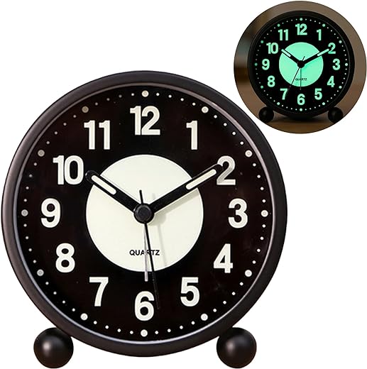 Vihimi Alarm Clock Luminous 4 Round Silent Analog Table Clock Non-Ticking, Battery Operated with Loud Alarm and Night Light Small Desk Clock for Bedroom, Bedside Table