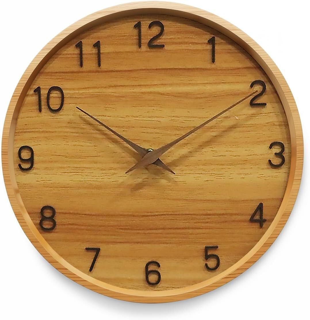 12 inch MDF Wall Clock, Battery Operated, Wooden Decorative Round Clock for Offi