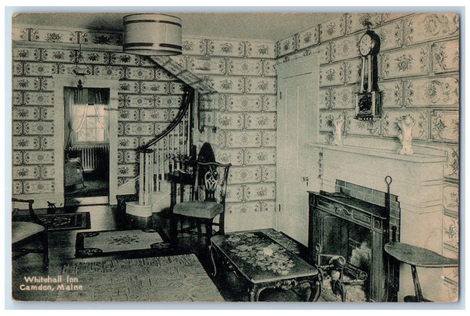 1950 Chimney, Pendulum Clock, Table, Whitehall Inn Camden Maine ME Postcard