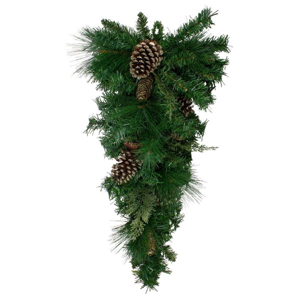 28 in. Unlit Artificial Mixed Pine with Pine Cones and Gold Glitter...