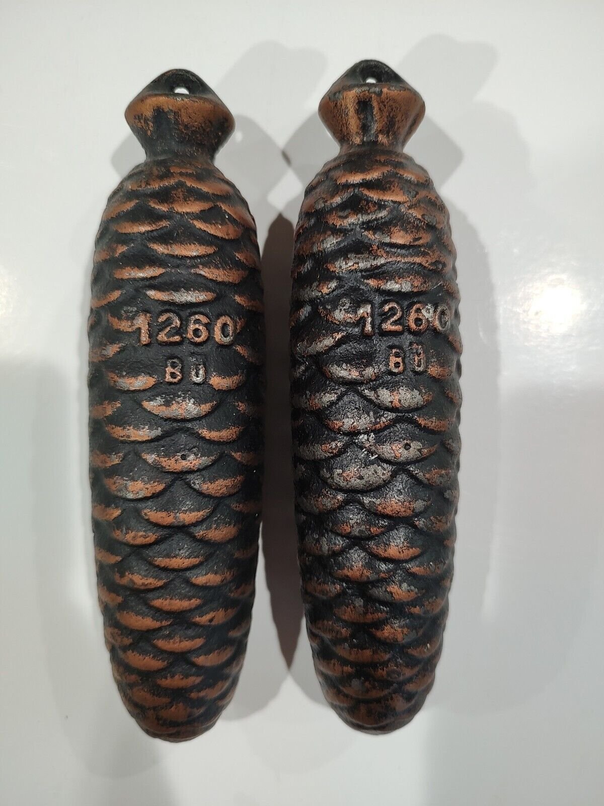 2 Cuckoo Clock Weights 7" 1260 BU Grams Cast Iron Clock Parts Pinecone