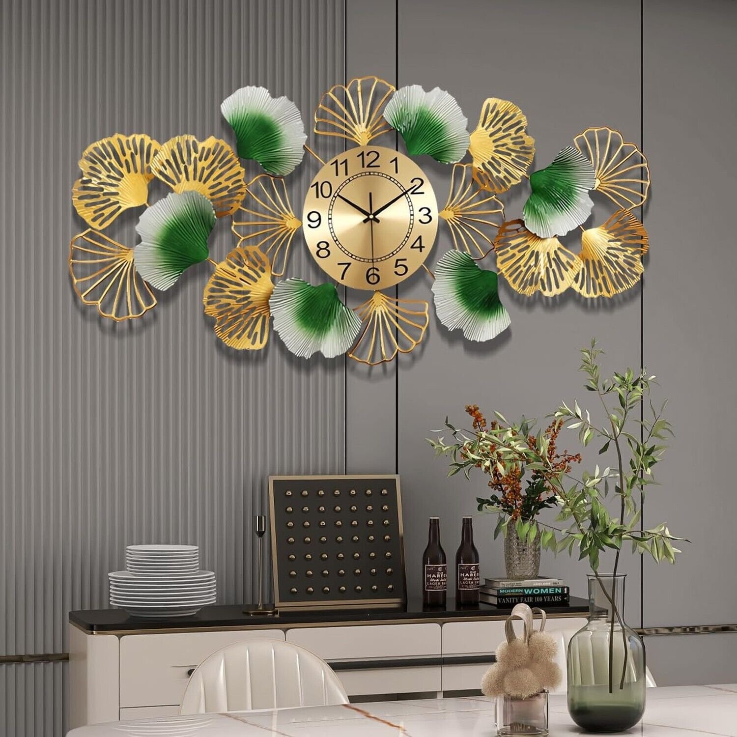 36 Inch Large Wall Clocks for Living Room Decor,Metal Ginkgo Leaf Wall Clock,...