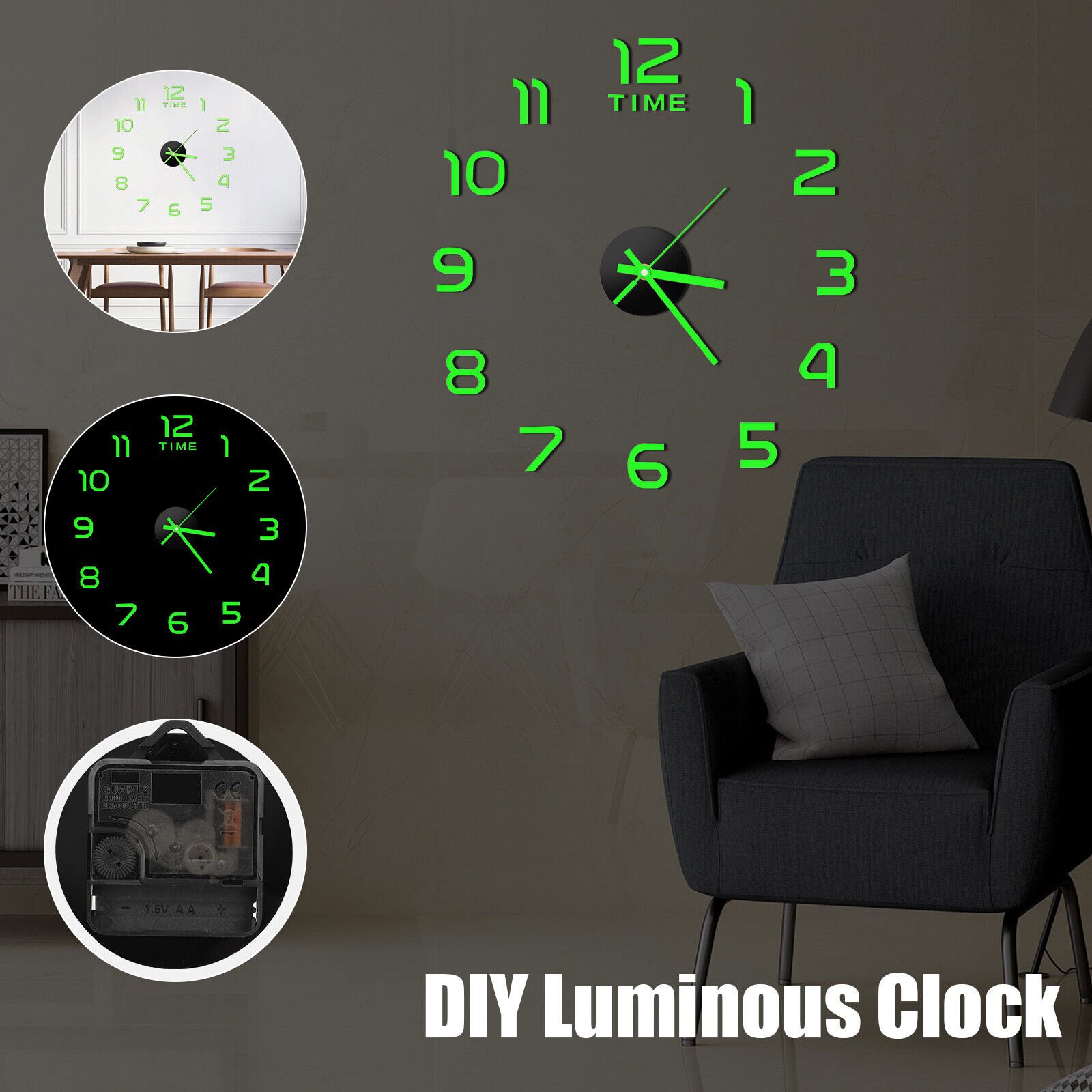 3D DIY Wall Clock Luminous Frameless Silent Quartz Living Room Bedroom Stickers