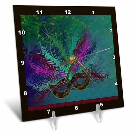 3dRose Mardi Gras Mask, Aqua - Desk Clock, 6 by 6-inch