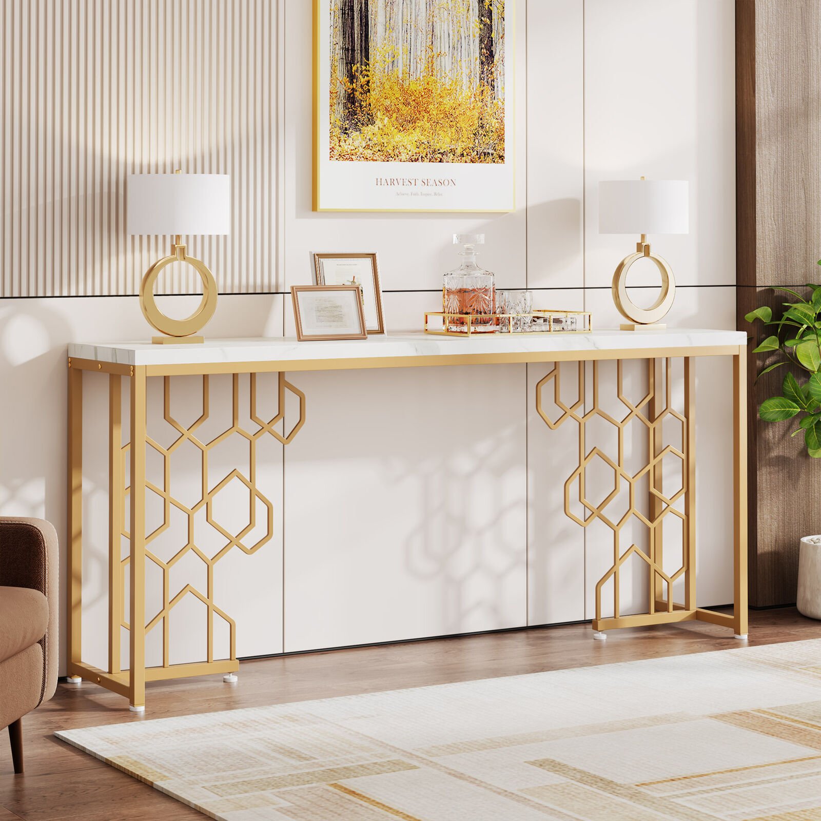 71" White Gold Console Table Modern Faux Marble Entryway Table with Metal Base