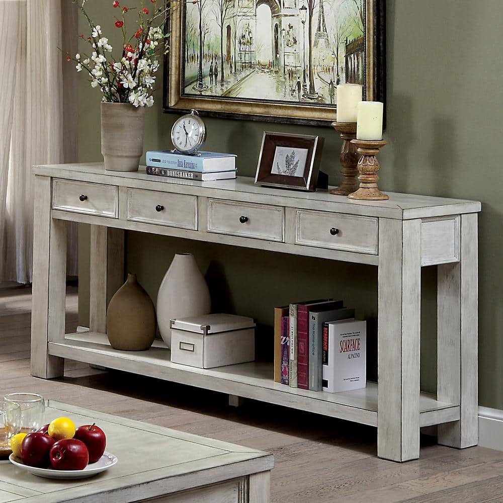Alexis 64 in. Antique White Standard Rectangle Wood Console Table with Drawers