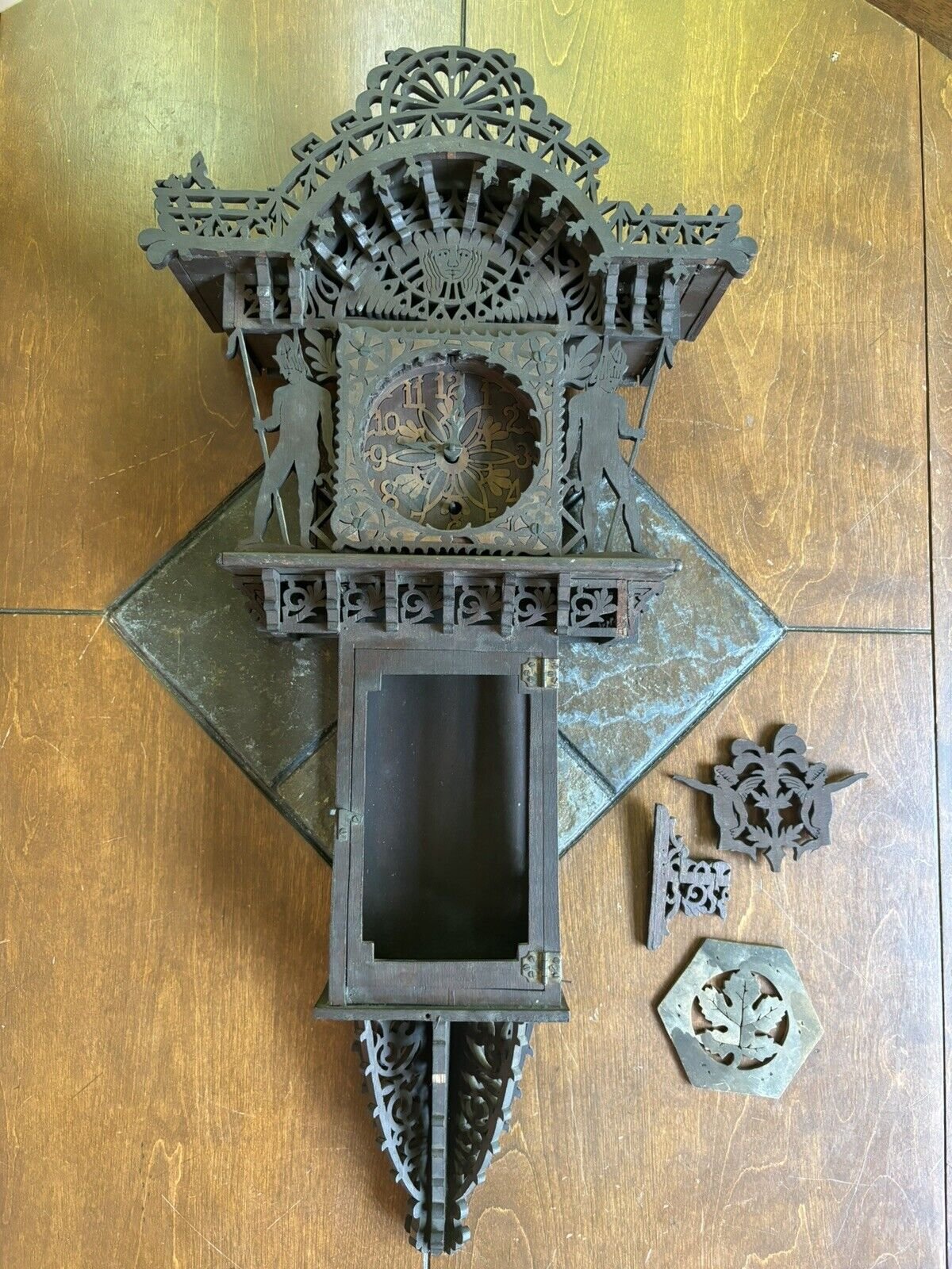 ANTIQUE GERMAN FRETWORK CARVED BLACK FOREST CLOCK EGYPTIAN FOLK TRAMP ART OOAK!