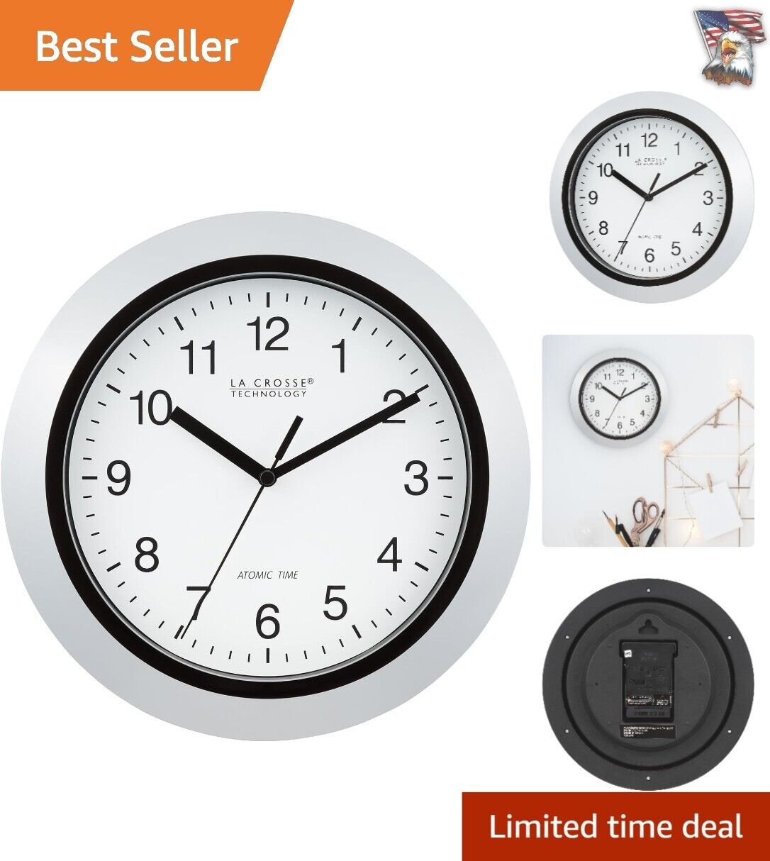 Atomic Analog Wall Clock - Stylish Silver 10-Inch Timepiece for Precision Living