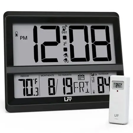 Atomic Clock Large Display, Digital Wall Clock with Indoor Outdoor Temperature and Date, Wireless
