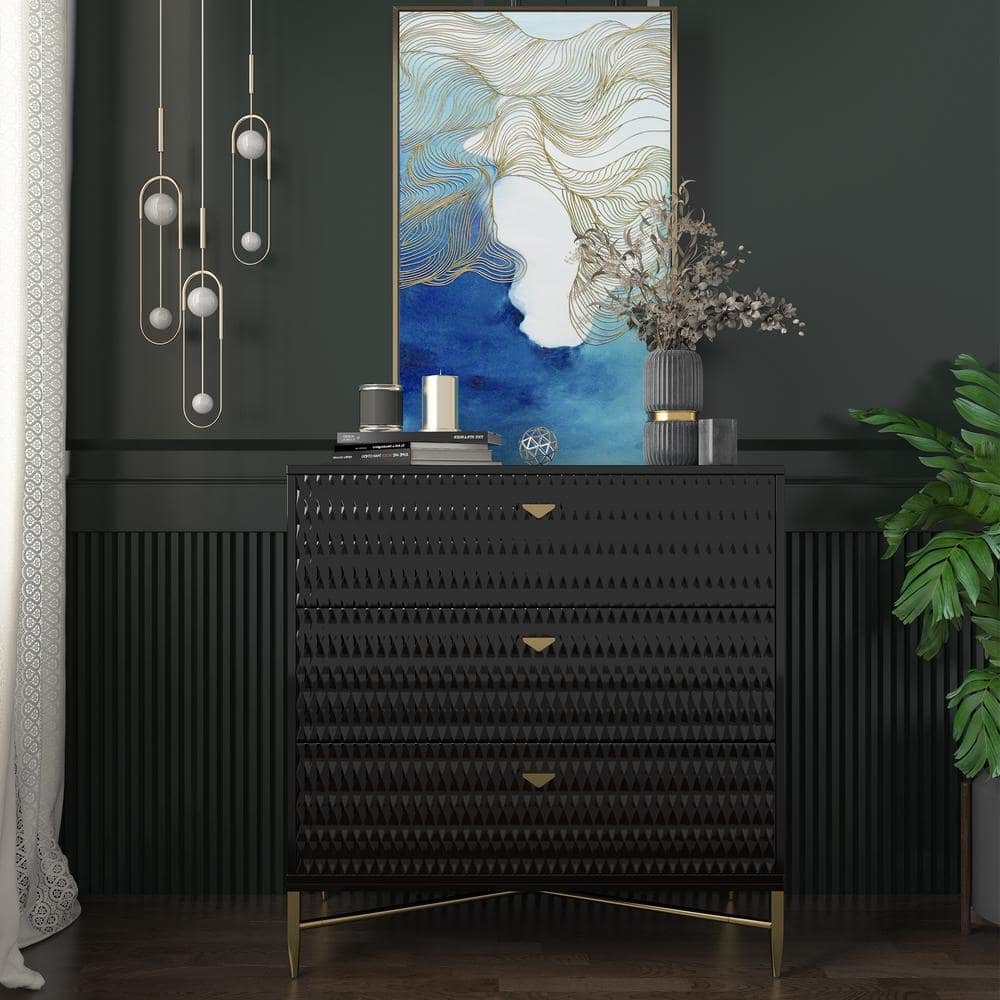 Black 3-Drawer Wood Nightstand with Square Support Legs