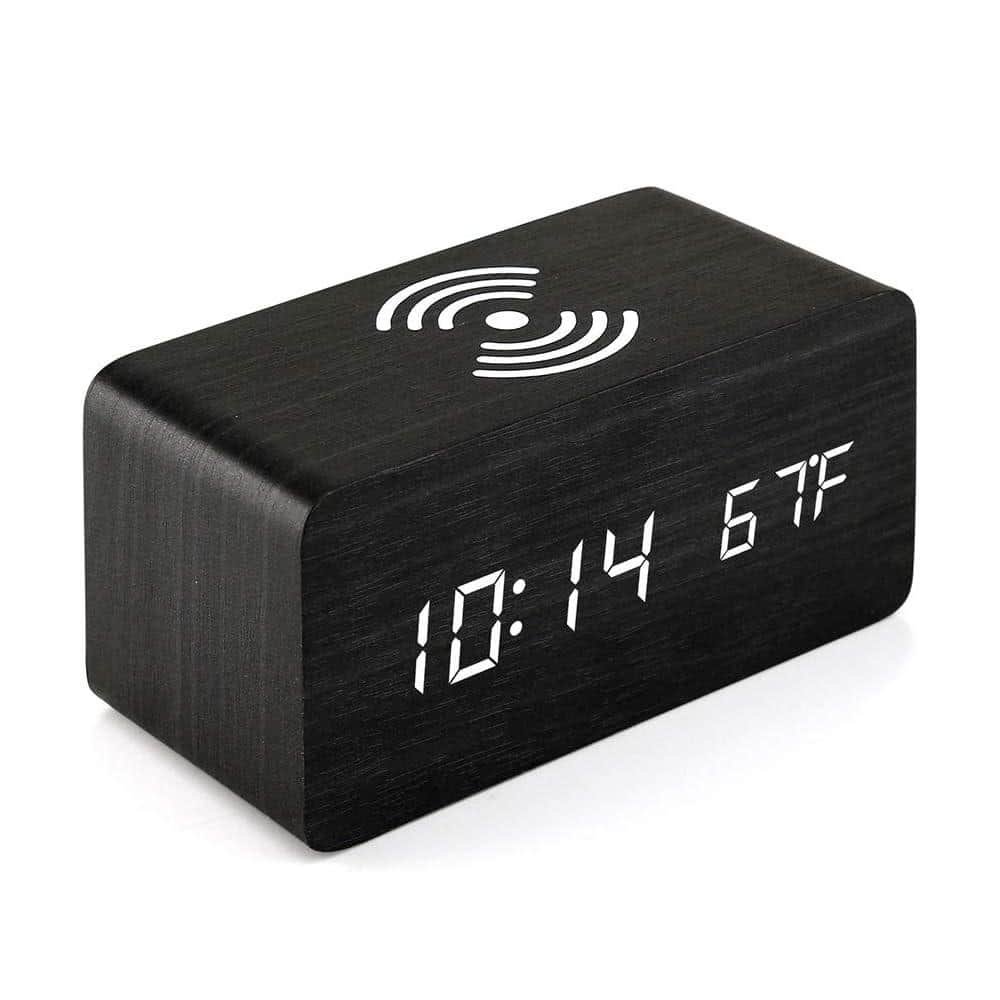 Black LED Digital Alarm Clock with Qi Wireless Charging, Sound Control, Date,...