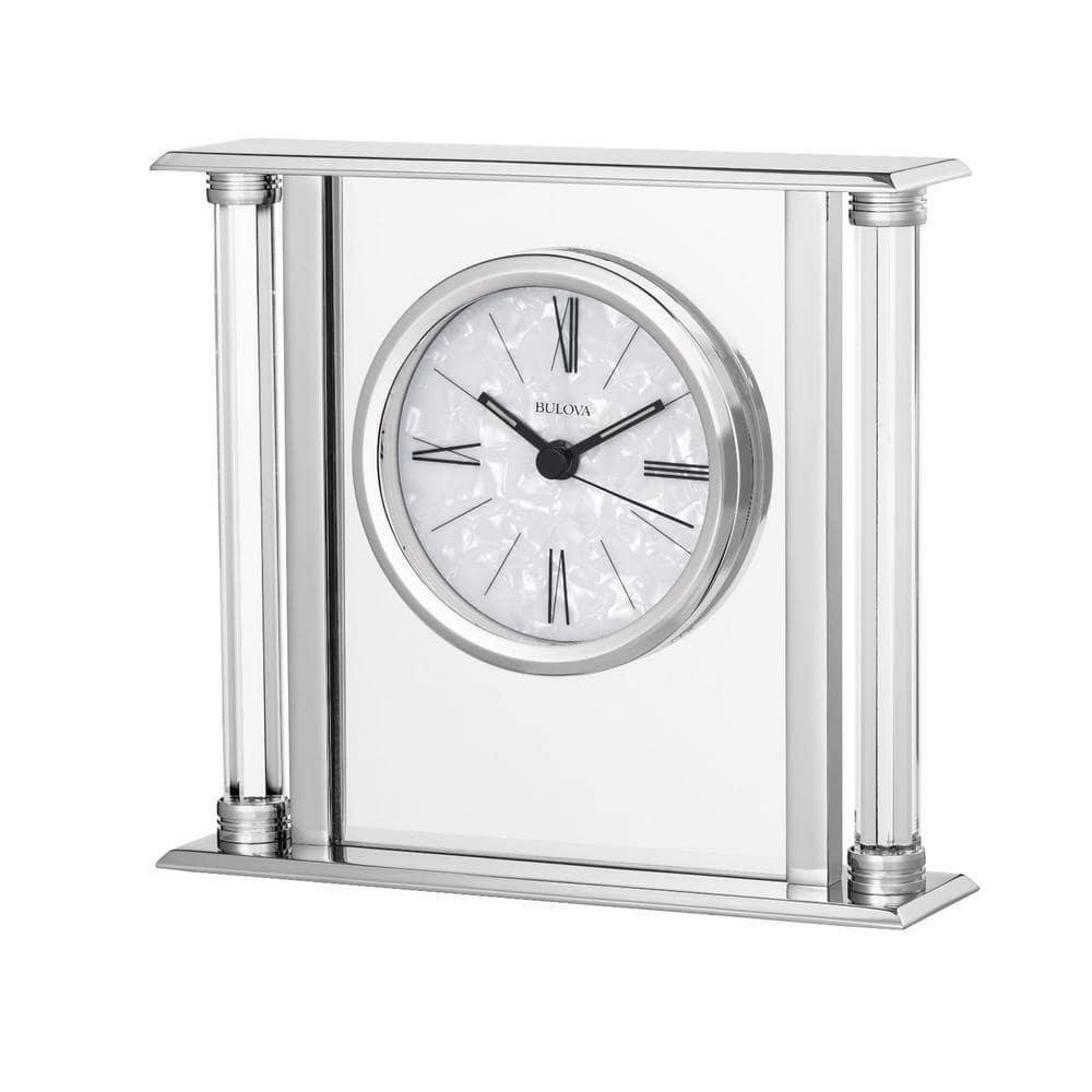 Bulova Table Clock 6.13"x6.88"x1.75" Solid Silver Metal Case w/Octogonposts