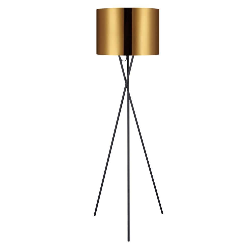 Cara 62 in. Modern Metal Tripod Floor Lamp with Drum Shade, Black/Gold