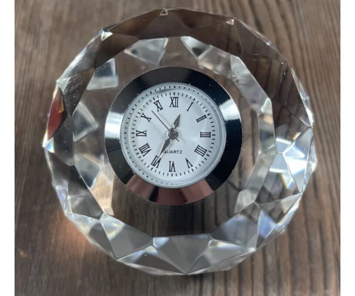Crystal Desk Clock Paperweight Clear Quartz Roman Numeral Faceted Desk Top