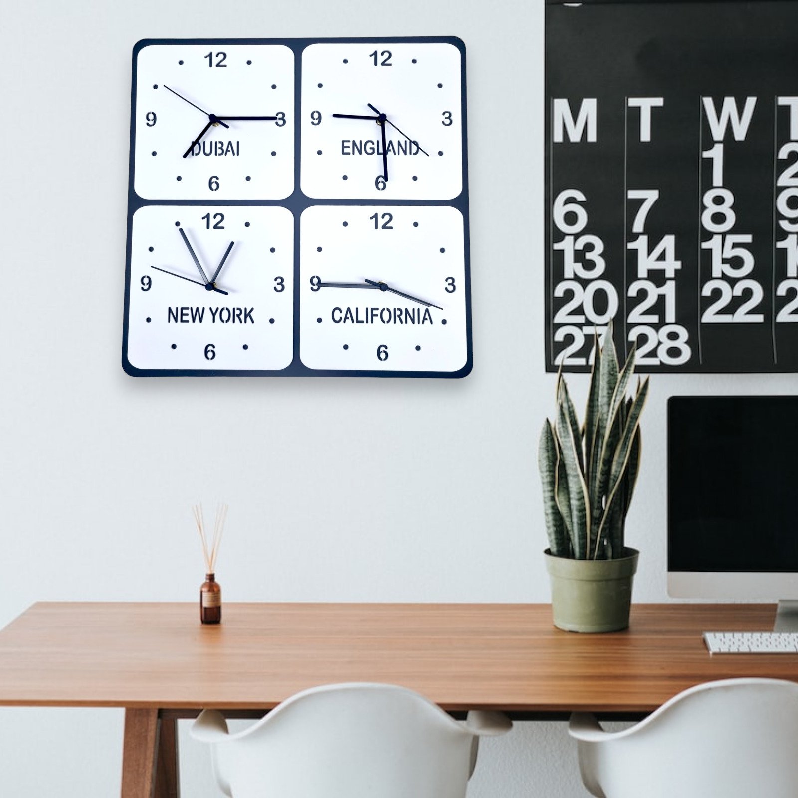 Custom Named 45cm Square 4 Time Zones Wall Clocks, Many Colour Choices