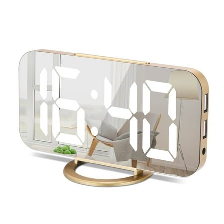 Digital Alarm Clock,6.6 Large Mirrored LED Clock Modern Mirror Desk Wall Clock with Dual USB Charger Ports Home Desk Alarm Clock (Gold)