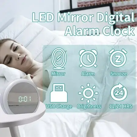 Digital Alarm Clock LED Mirrored with 7 Color Night Light, Snooze Function & 3 Level Brightness