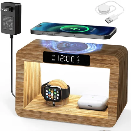 Digital Alarm Clock with phone and Watch Airpods Charging Station, 3 in 1 Charger with Dimmable