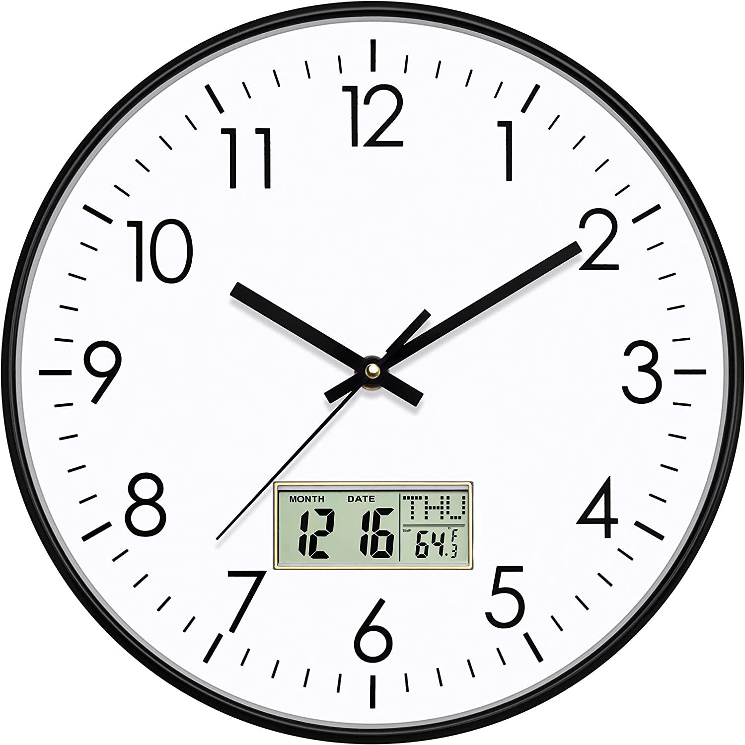 Digital Wall Clock with Date, Month, Day of Week and Temperature, 12 Inch Non-Ti