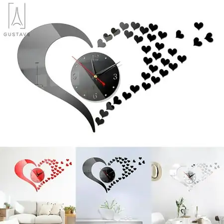 Gustave Mirror Wall Clock Modern Design 3 D Wall Sticker Clock Heart Shaped Silent Home Decor for