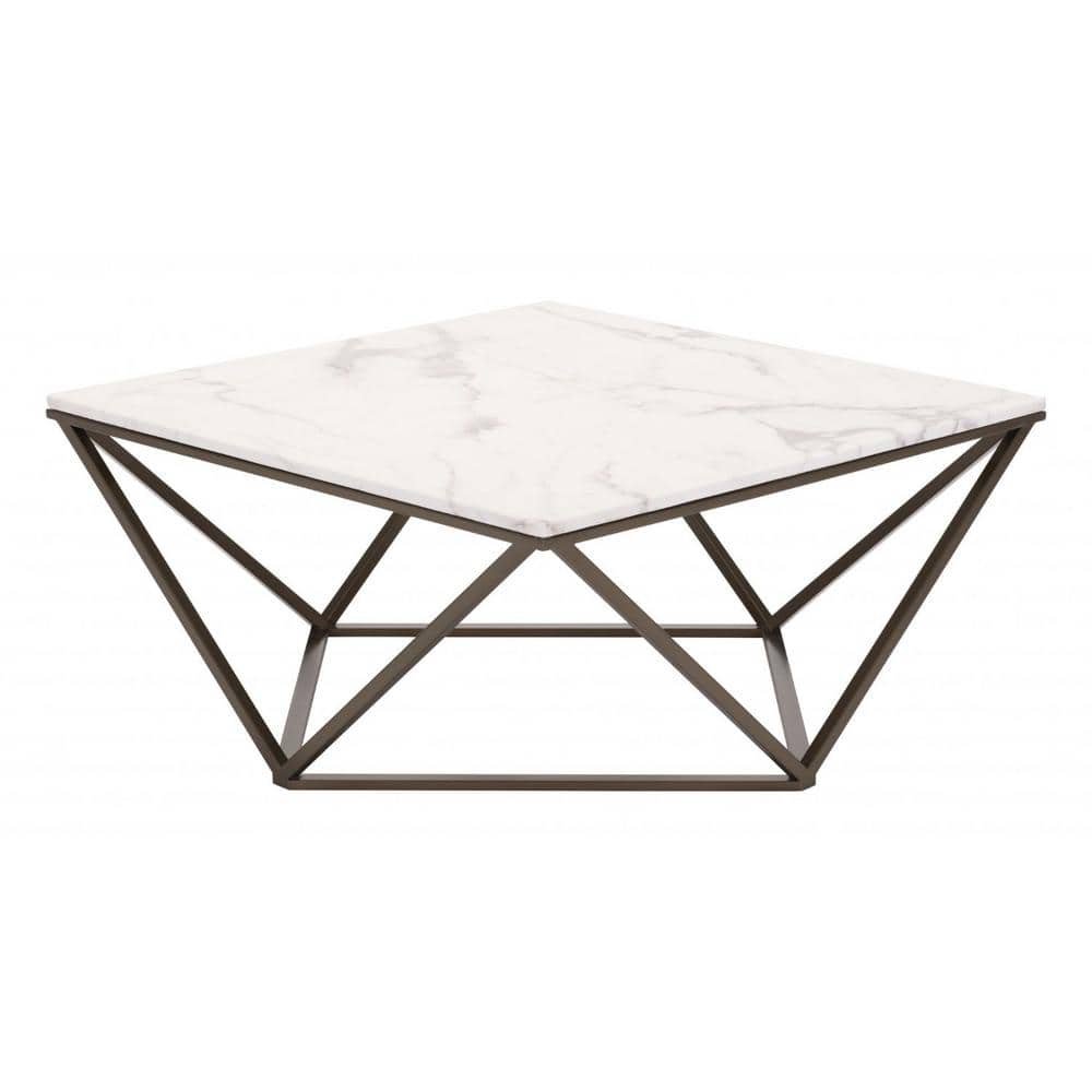 Julia 36 in. White and Antique Brass Square Stone Coffee Table