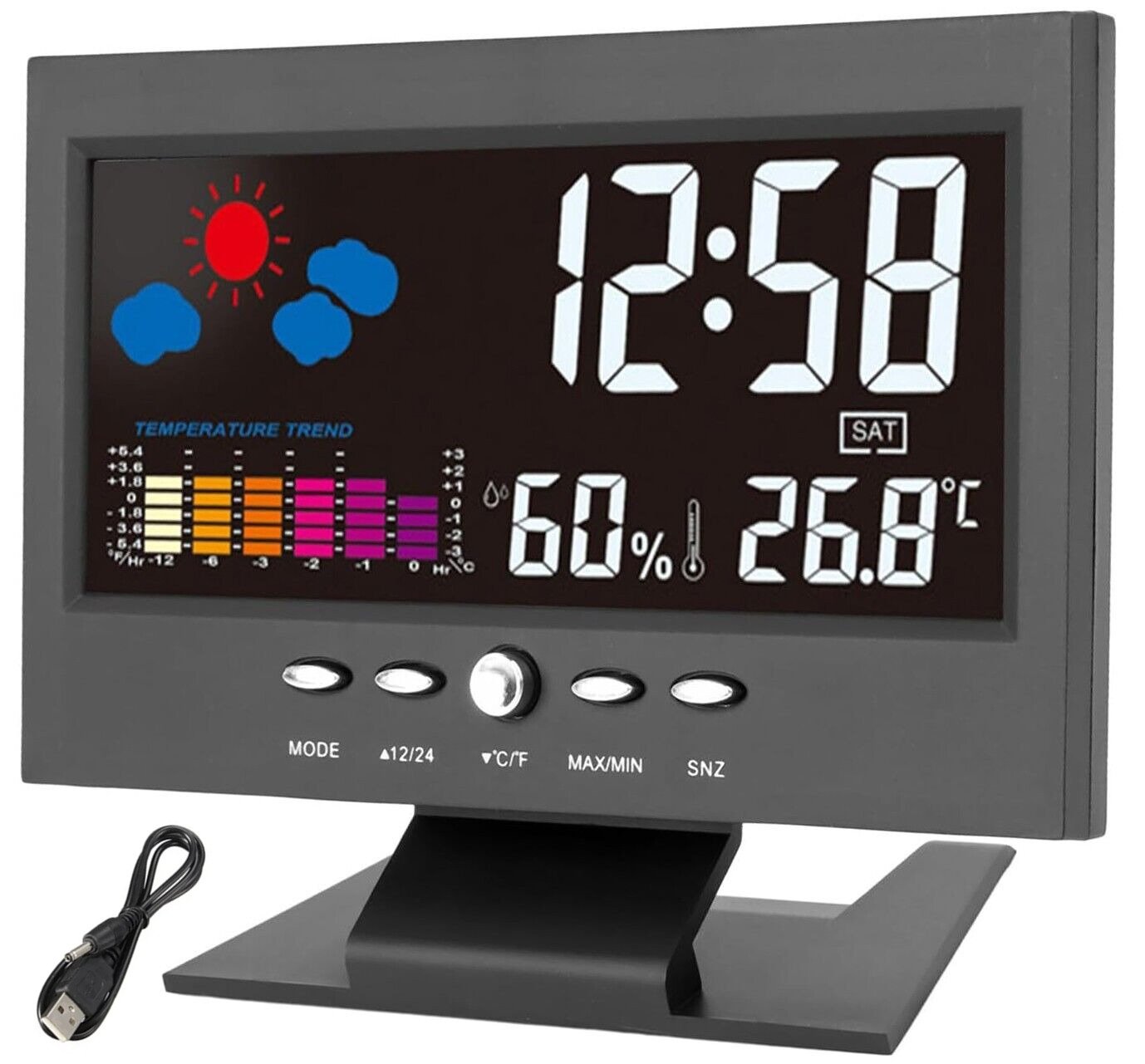 LED Digital Alarm Clock Time/Date/Week/Temp/Humidity/Weather/Snooze Display