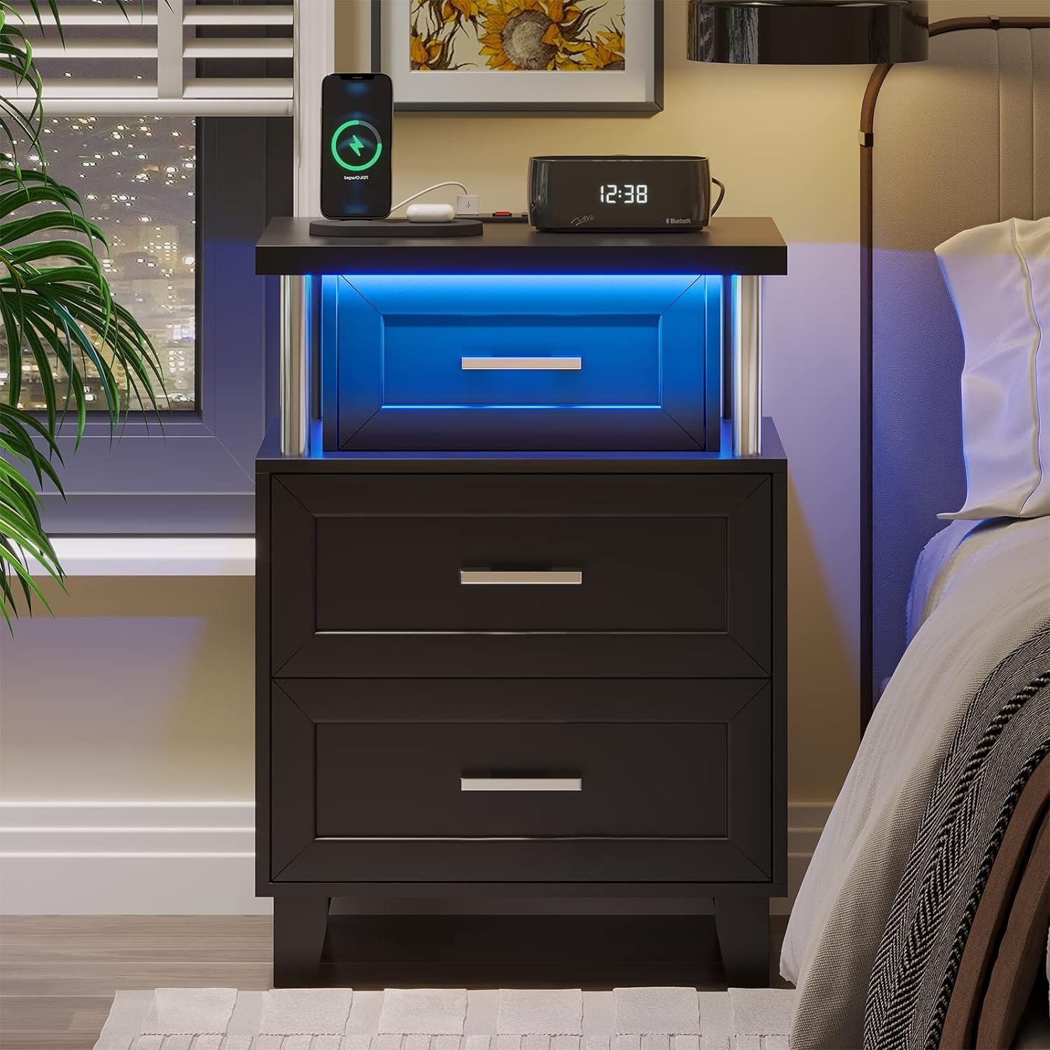 LED Nightstand with Charging Station, RGB Lights Night Stand for Bedroom, Bedsid