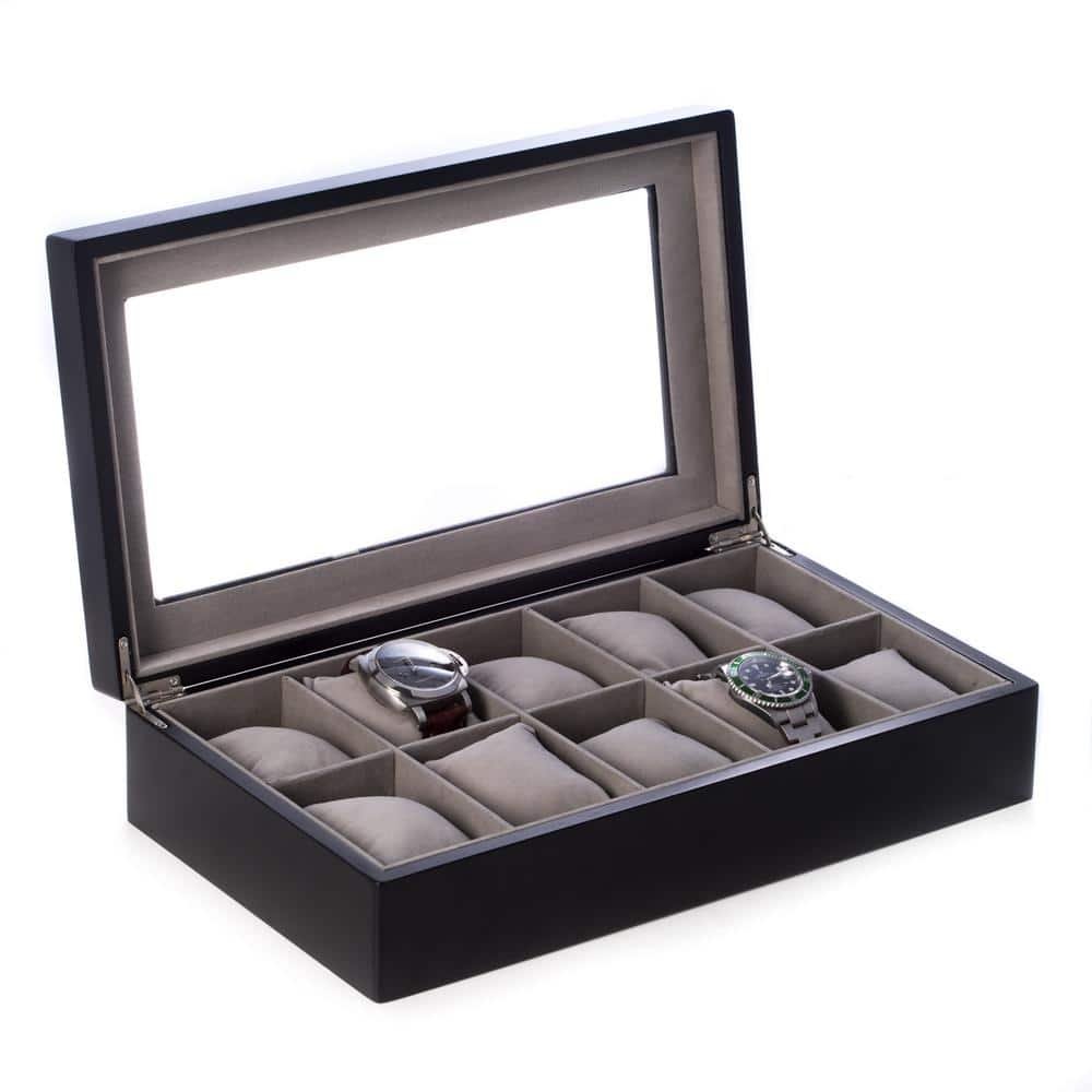 Matte Black Wood 10-Watch Box with Glass Top and Velour Lining and...