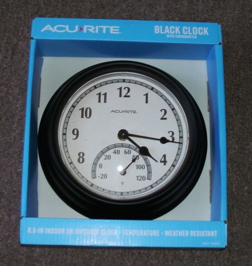New! Acu-Rite 8.5" Indoor Outdoor Black Wall Clock With Thermometer