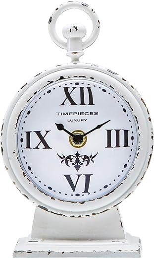 NIKKY HOME Vintage Table Clock, White Mantel Clock Rustic Metal Analog Clock Battery Operated Rustic Distressed Style 4.7 x 2.4 x 7.6 Inch