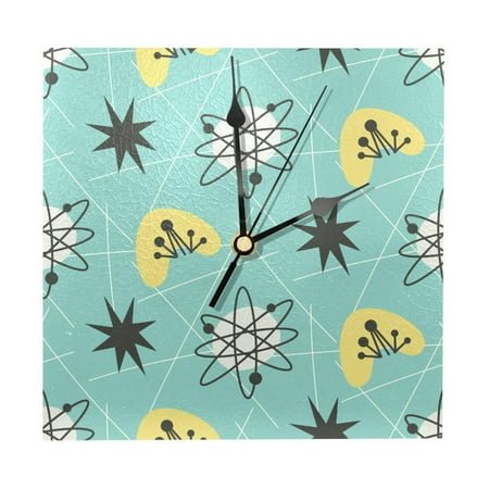 OWNTA 1950S Atomic Vintage Pattern Wood Square Wall Clock, 7.87 in, Silent Non-Ticking, Classic Home Decor, Stylish Office Clock, Battery Operated, Gift Idea