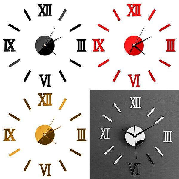 Roman Numerals Frameless Large Acrylic Mirror Surface 3D DIY Wall Clock Home US
