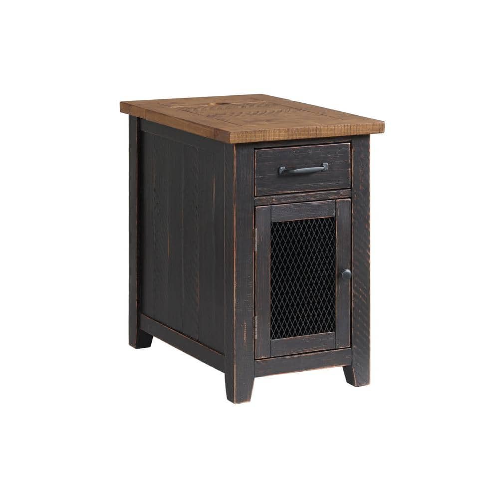 Rustic 16 in. Antique Black and Honey Chairside End Table with Power