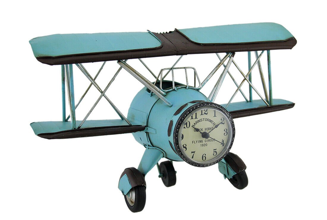 Scratch & Dent Blue Barnstormer Retro Biplane Wall Clock Sculpture 12 Inch