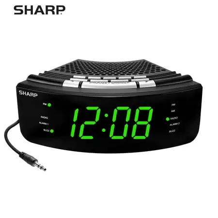 SHARP AM/FM Radio Digital Alarm Clock Wake to Music Dual Alarm Large 1 . 2 ” Green LED Display