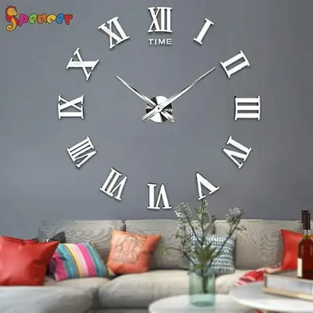 Spencer DIY Frameless Wall Clock, Modern Roman Numerals 3 D Mirror Stickers Wall Clock Home Decor